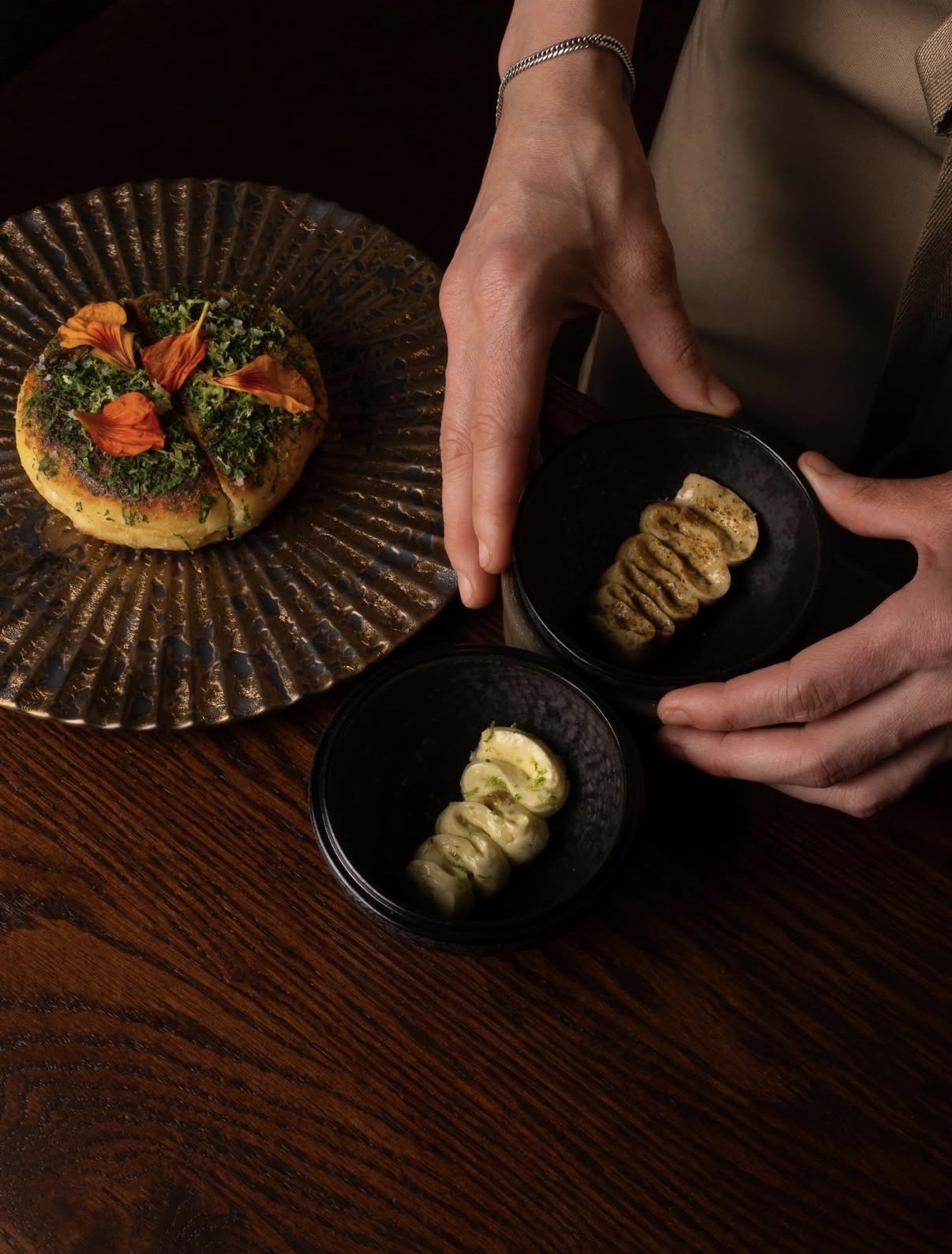 House-made dumplings and herb flatbread at Cynthia